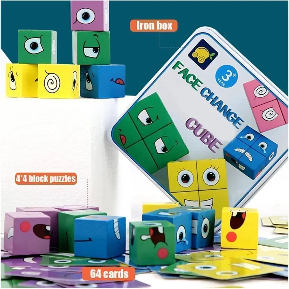 Face Change Cube Game, Wooden Expressions Matching Block Puzzles Building Cubes